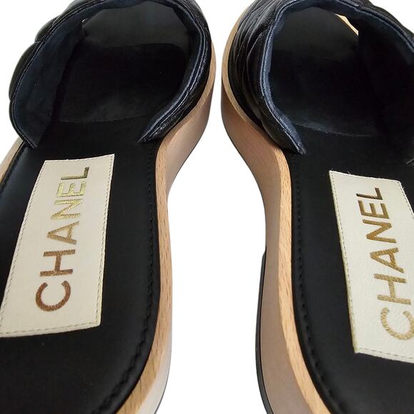 Chanel CC Wood Platform Sandal Slide Mule Size 39 US 8 8.5 Quilted Black Leather - Picture 9 of 15